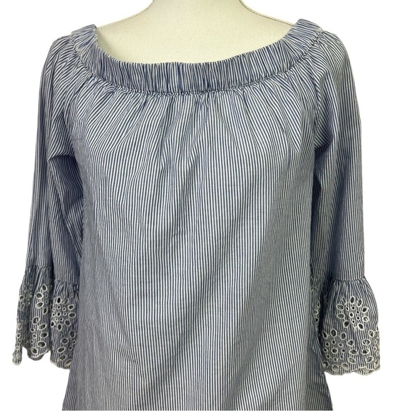 beachlunchlounge Women’s Top Sz Small Blue/White Stripe Boho Ruffle Sleeve - Picture 2 of 11